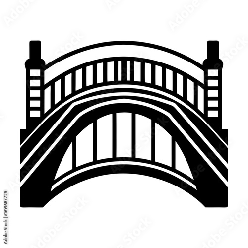Illustration of an arched bridge with vertical supports and roadway in black and white style