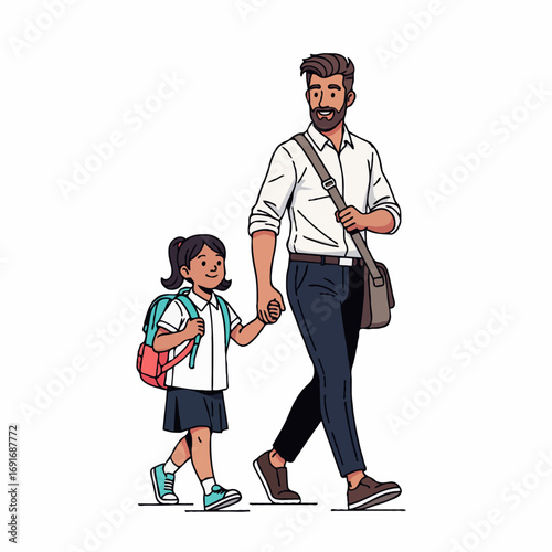 Vector illustration of a father accompanying his daughter to school, symbolizing family care, education, bonding, and daily routine moments