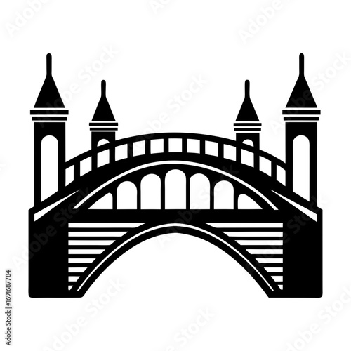 Illustration of a black silhouette bridge with towers and archways on a white background design element