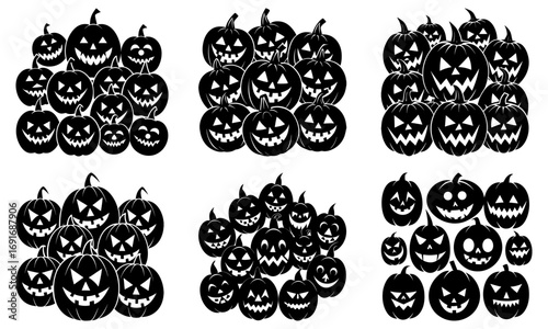 Six groups of black and white halloween pumpkins with carved faces in various sizes and arrangements
