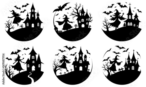 Silhouetted halloween scenes featuring witches, haunted houses, and bats in oval shapes on a white background