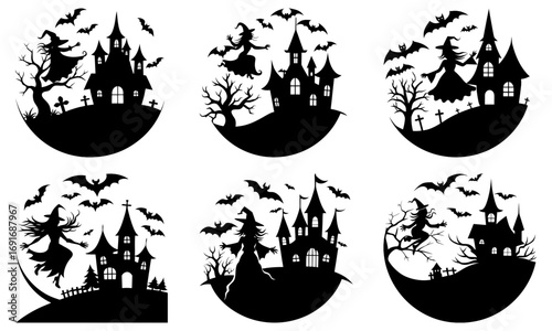Silhouetted halloween scenes featuring witches castles bats and spooky trees in oval frames in black and white