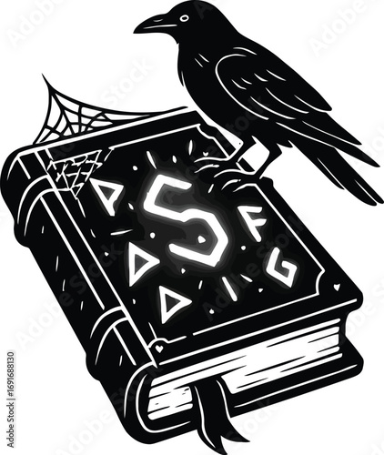 Black raven perched on a magical spell book with glowing runes and spiderweb crow bird