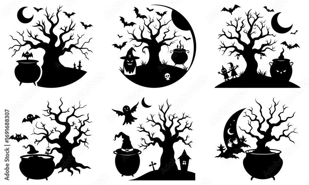 Fototapeta premium Silhouetted halloween scenes featuring spooky trees cauldrons bats ghosts and other eerie elements