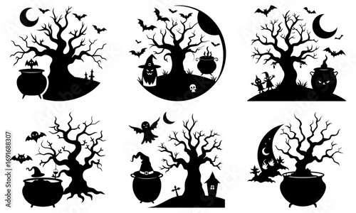 Silhouetted halloween scenes featuring spooky trees cauldrons bats ghosts and other eerie elements