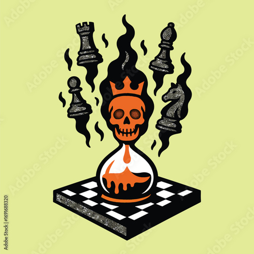 Fiery Skull King on Hourglass with Chess Pieces on a Chessboard crown sand