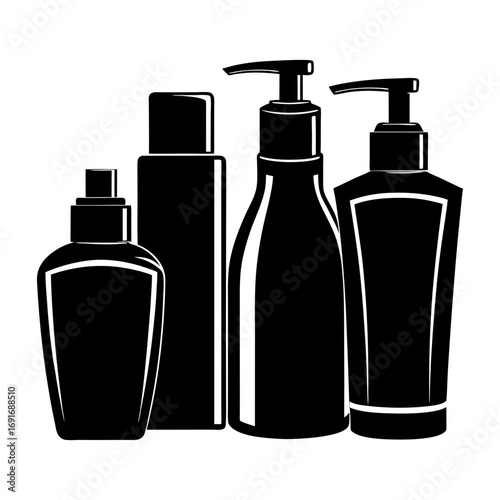 A collection of four black and white cosmetic bottles with pumps and caps in a simple illustration