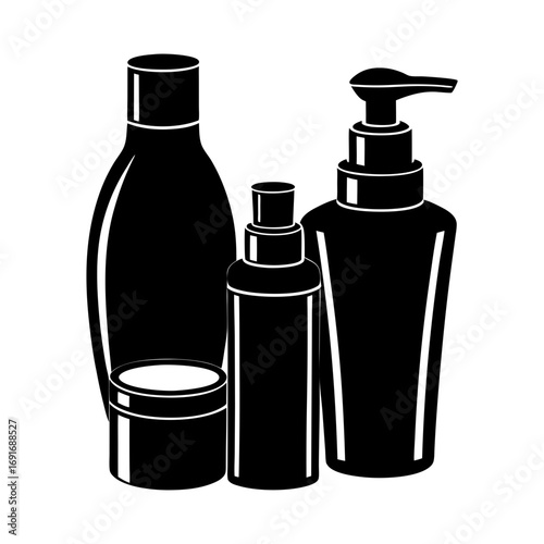 Illustration of assorted cosmetic bottles and containers in black and white silhouette style design art