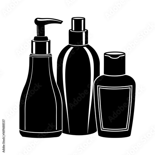 Three black and white bottles of assorted shapes and sizes are displayed in a simple arrangement