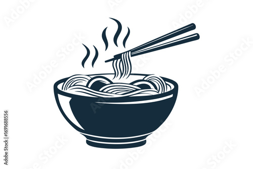Steaming Bowl of Noodles with Chopsticks on White Background Design Icon