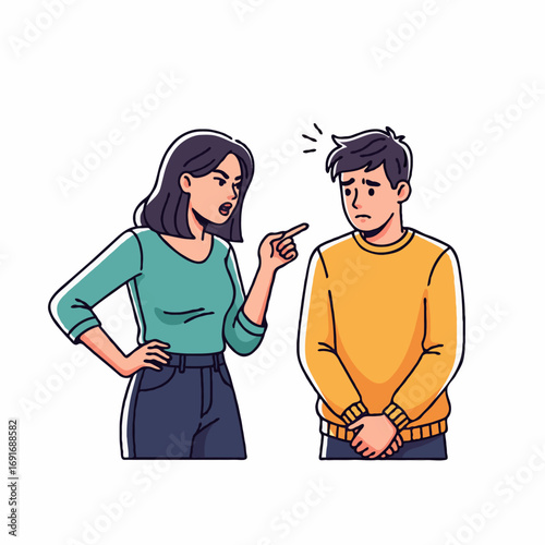 Vector illustration of a couple arguing, with girlfriend scolding her boyfriend. Shows relationship conflict, emotions, tension, and communication problems in a romantic partnership