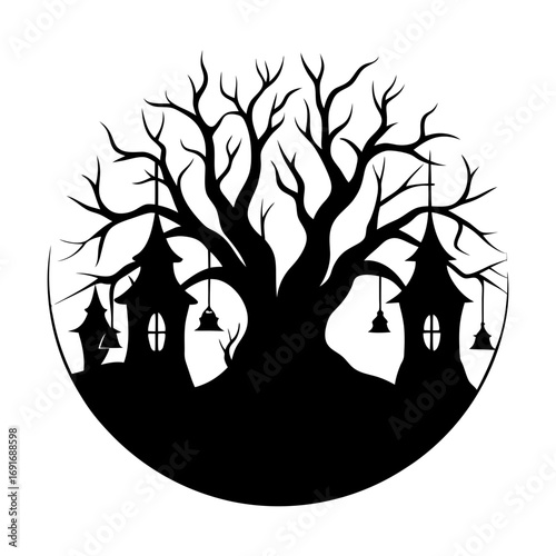 Silhouette of a spooky haunted house with a bare tree and hanging bells in a circular composition
