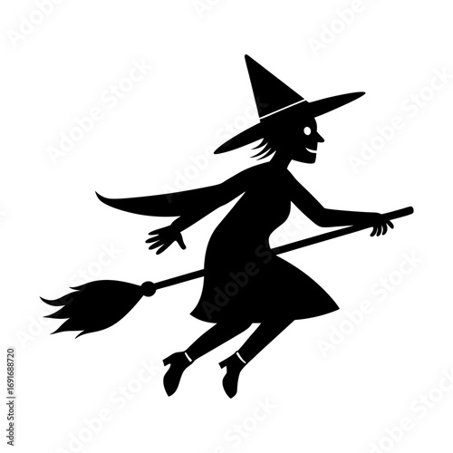 Silhouette of a witch with a pointed hat riding a broomstick in a black and white halloween illustration
