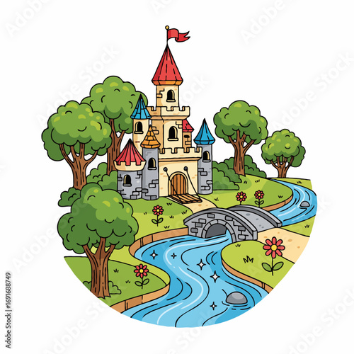 Vector illustration of a grand royal castle surrounded by forest and a flowing river, perfect for fantasy themes, history, posters, and creative design projectsVector illustration of a grand royal cas