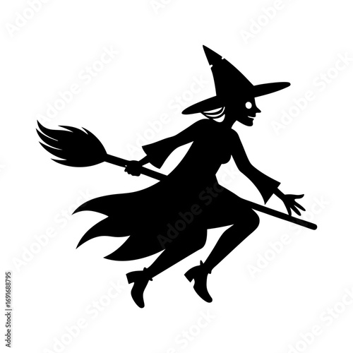 Silhouette of a witch with a pointed hat riding a broomstick in a black and white illustration style