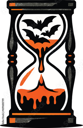 Halloween Hourglass with Dripping Orange Liquid and Bats spooky time
