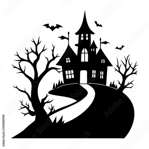 Silhouette of haunted house with bats and bare trees on a hill under a white background sky scene