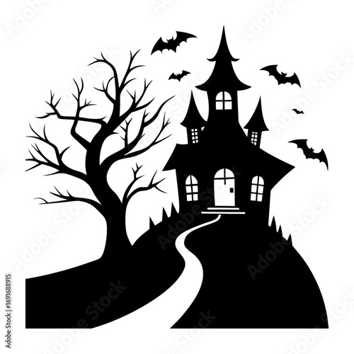 Black silhouette of a spooky haunted house with bats and a bare tree on a white background vector illustration