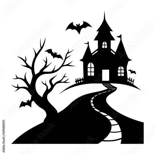 Silhouette of a spooky haunted house with bats and a winding path on a hill under a night sky scene