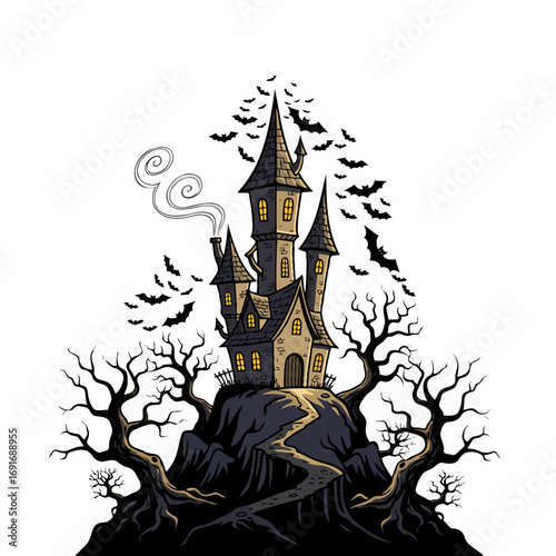 A dark and spooky vampire castle vector illustration, surrounded by bats, perfect for Halloween, horror themes, fantasy, and gothic concepts