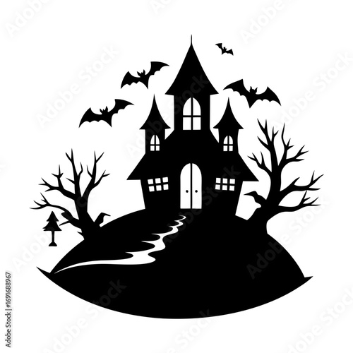 Silhouette of haunted house with bats and bare trees on a hill under a white background sky scene