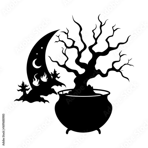 Silhouette of a spooky tree in a cauldron with a crescent moon and haunted house in the background