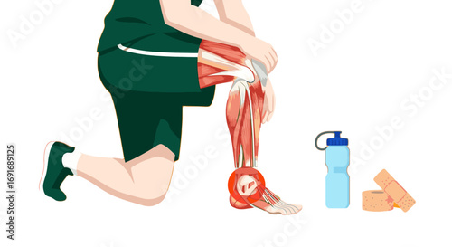Vector illustration of an athlete experiencing ankle pain during exercise, with visible leg anatomy, muscles,