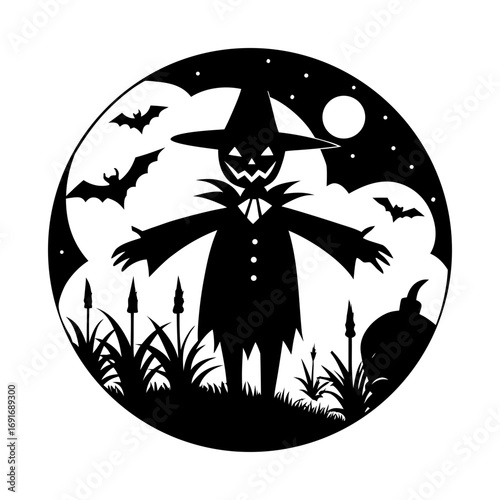 Silhouette of a scarecrow with bats and moon in a circular halloween night scene design concept