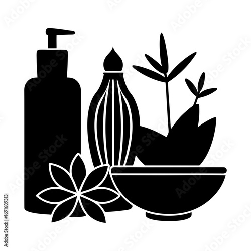 Still life illustration of spa essentials including lotion bottle flower and bowl with plant leaves