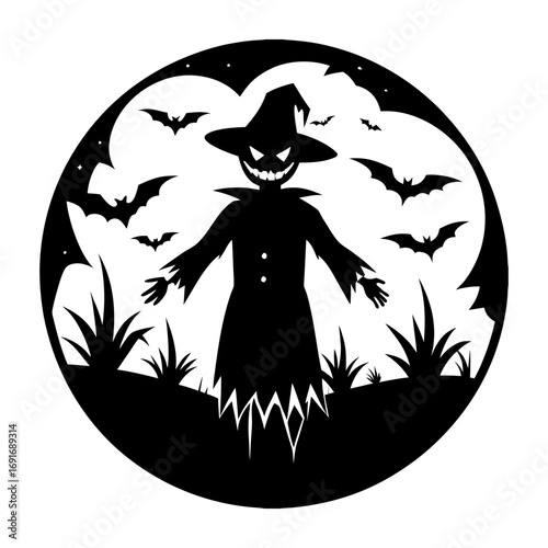 Silhouette of a scarecrow with bats and grass in a circular halloween themed design element vector