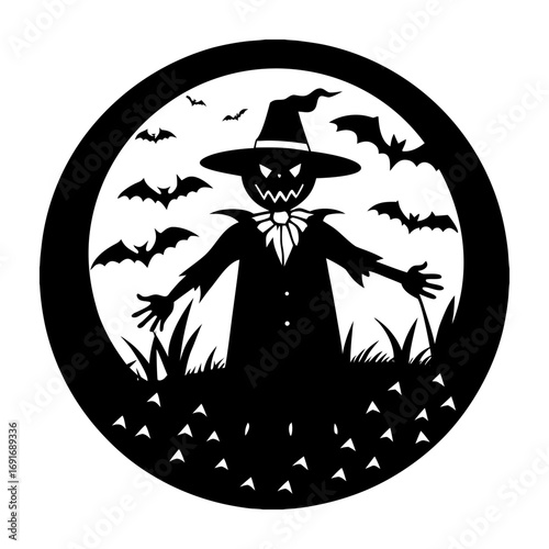 Silhouette of a scarecrow with bats flying around in a circular frame on a white background design