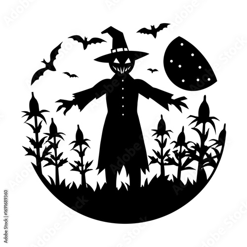 Silhouette of a scarecrow with a hat in a cornfield under a moon with bats flying around it at night