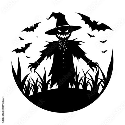 Silhouette of a scarecrow with a hat and bats flying around it in a circular composition design