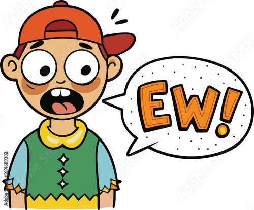A young boy making a disgusted face, with a speech bubble displaying the word "Ew."