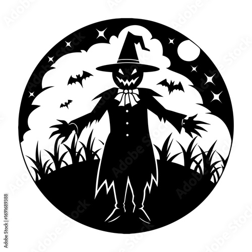 Silhouette of a scarecrow with bats and stars in a circular halloween themed monochrome vector design