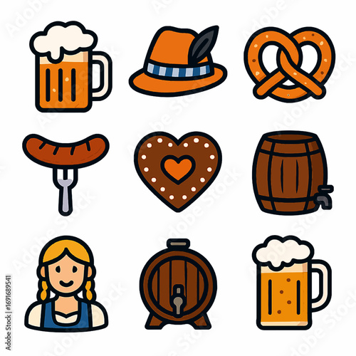 A lively vector icon set showcasing traditional German Oktoberfest elements.