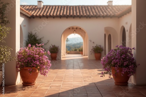 Discover the charm of a Spanish-style courtyard with terracotta tiles, arched openings, and vibrant potted flowers.