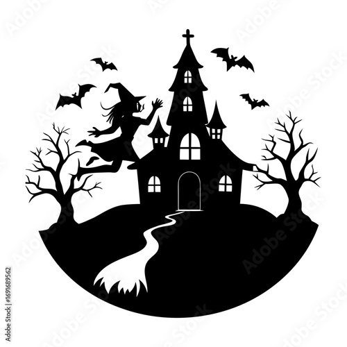 Silhouette of a witch flying near a haunted house with bats and trees on a halloween background scene