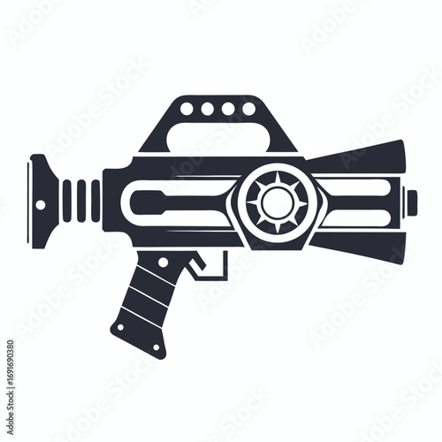 Stylized Black Outline Ray Gun Toy on White Background Retro Design Icon