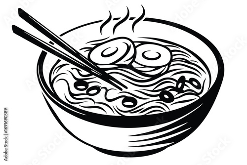 Steaming Noodles Bowl with Chopsticks on White Background Design