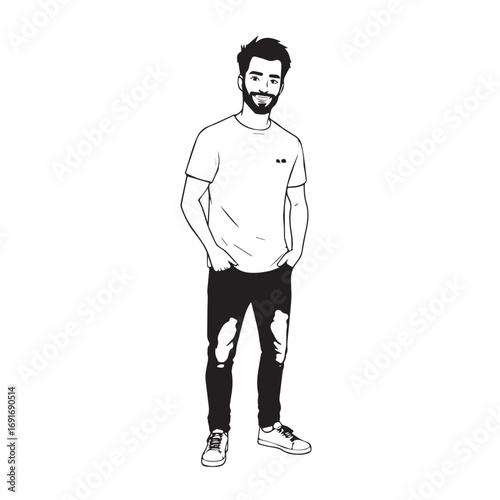 Handsome Man Black and White Illustration Vector Image Male Portrait Fashion Sketch Line Art Design	
