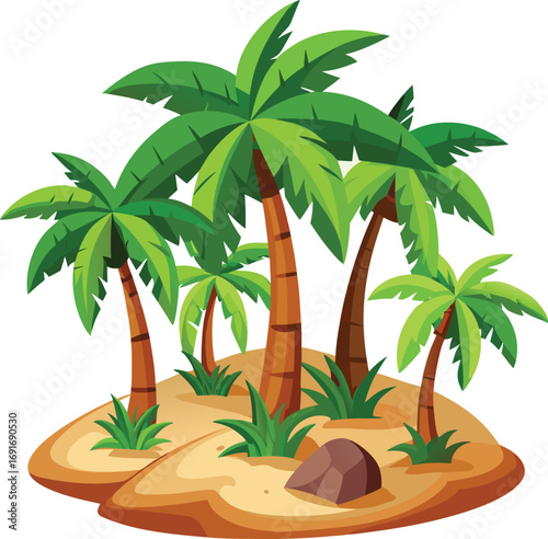 Vector illustration of a tropical island featuring palm trees and rocky formations against a clear blue sky.