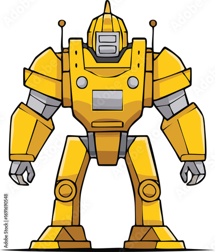 A golden robot illustration, standing upright, showcasing a mechanical design with detailed features.