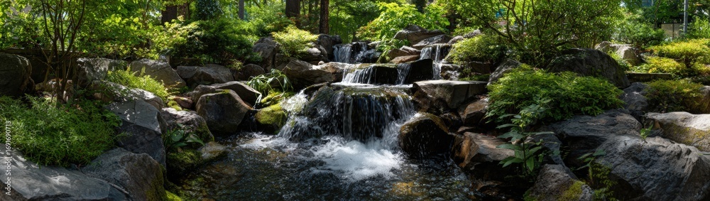 Fototapeta premium Tranquil garden stream cascading over rocks