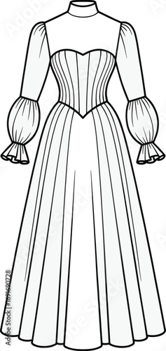 Black and white illustration of a vintage long-sleeved gown with puffed sleeves and corset bodice dress
