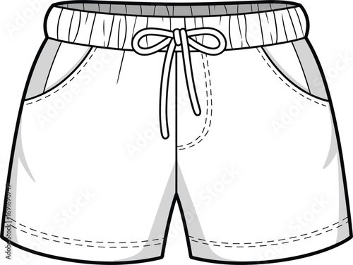 Black and white illustration of casual shorts with elastic waistband and drawstring clothing fashion