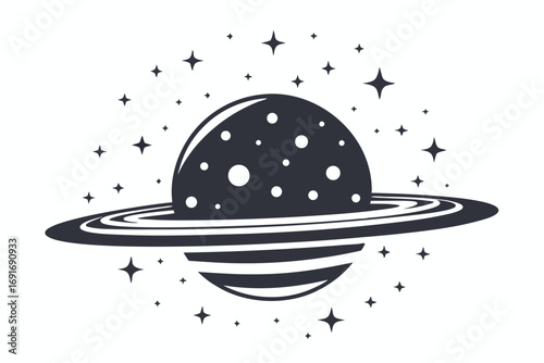 Stylized Black Planet Silhouette with Rings and Star Accents on White Background