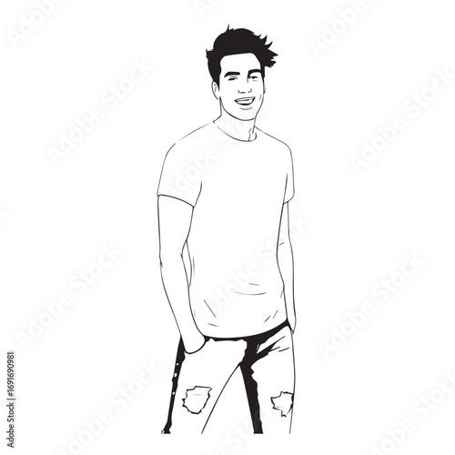 Handsome Man Black and White Illustration Vector Image Male Portrait Fashion Sketch Line Art Design	
