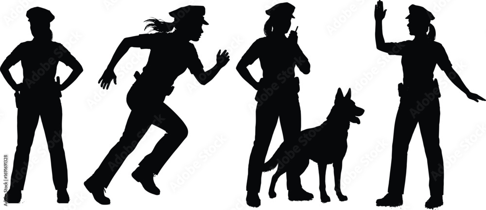 Obraz premium Silhouettes of female police officers in action with k9 unit officer and patrol dog silhouette
