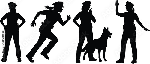 Silhouettes of female police officers in action with k9 unit officer and patrol dog silhouette
